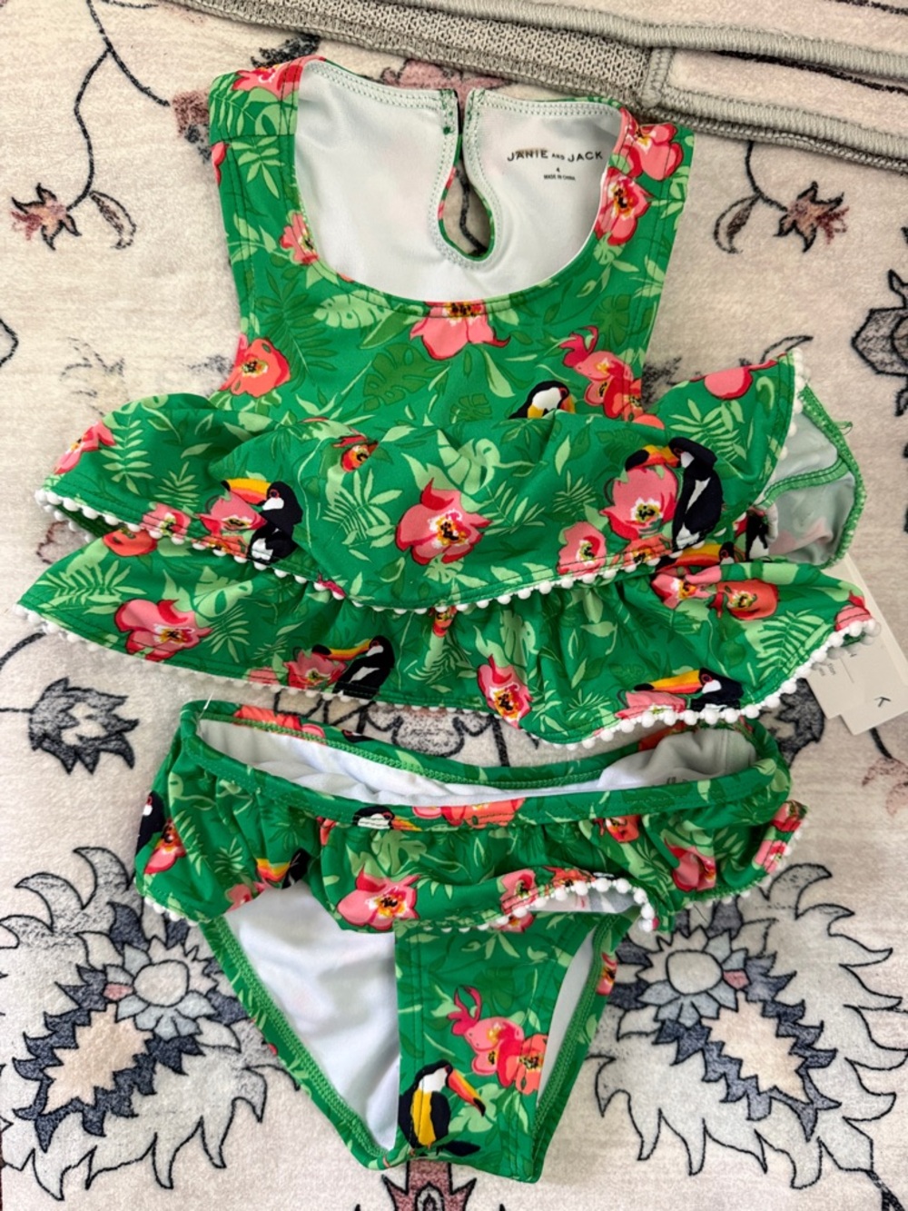 Janie and Jack toddler girl 4T tropical toucan ruffle piping bikini swimsuit new